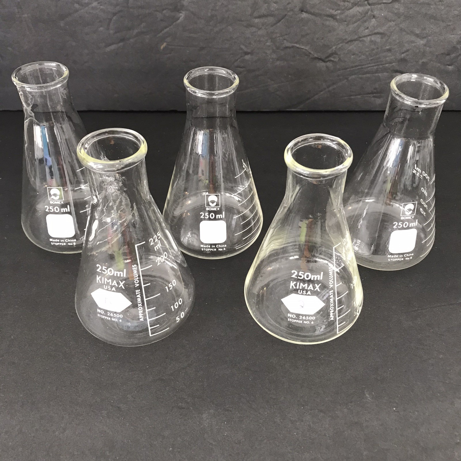Lot of 5 Bomex & Kimex 250mL Glass Lab Beakers