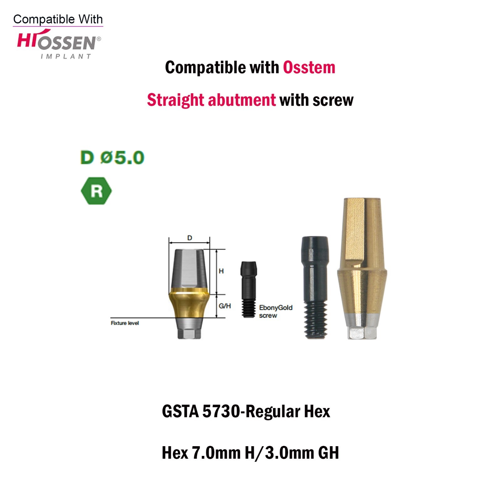 US Regular Straight Transfer Abutment Ø5.0 For Osstem Hiossen Hex 7.0mm Implants