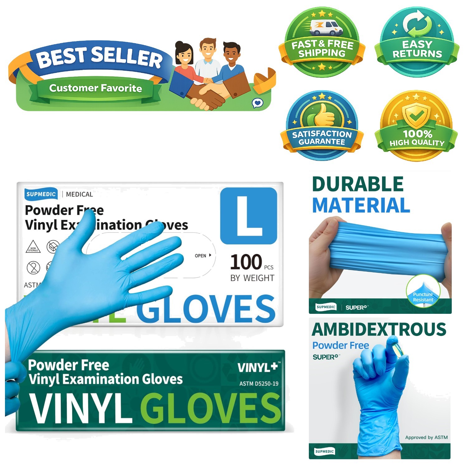 Vinyl Disposable Exam Gloves: Latex-Free & Powder-Free, 100 ct (Large Blue)