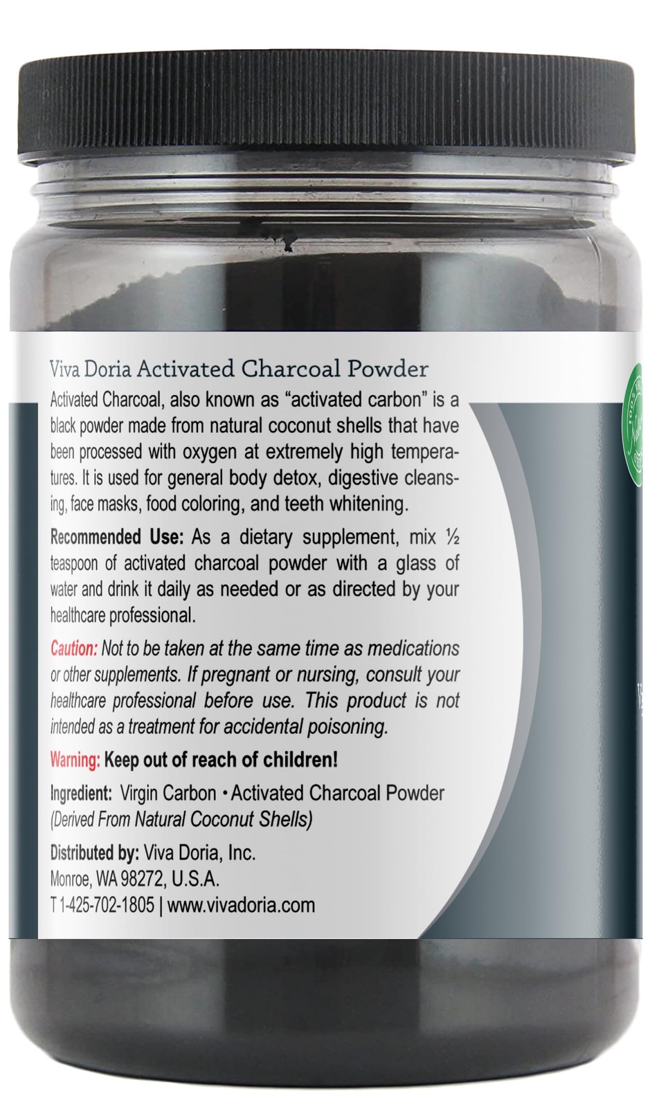 Viva Doria Virgin Activated Charcoal Powder, Coconut 1 Pound (Pack of 1)