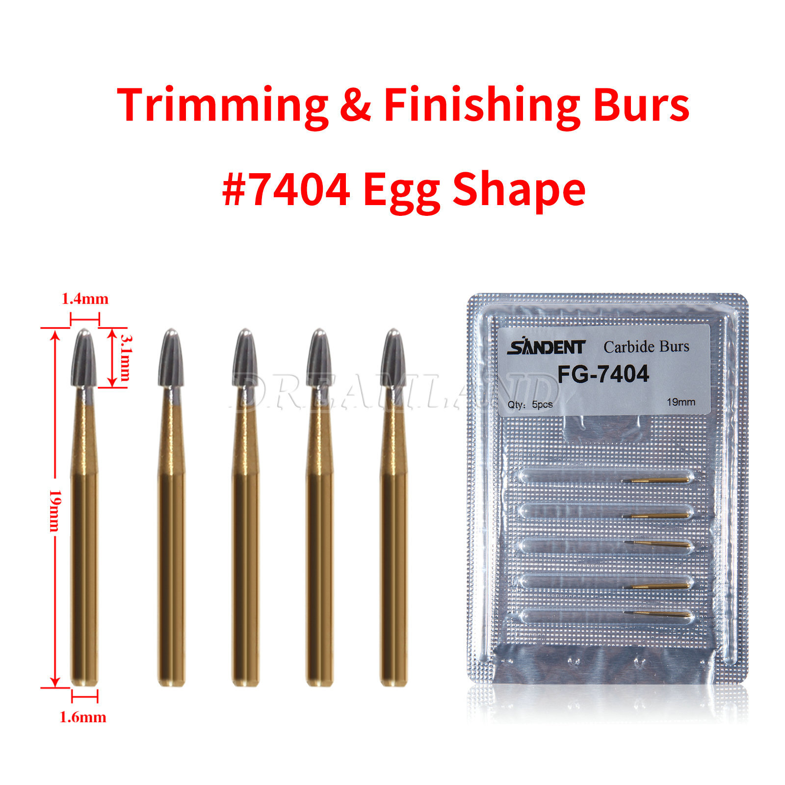 5Pcs Dental Tungsten Carbide Burs Trimming & Finishing Egg Football Bur FG 7404
