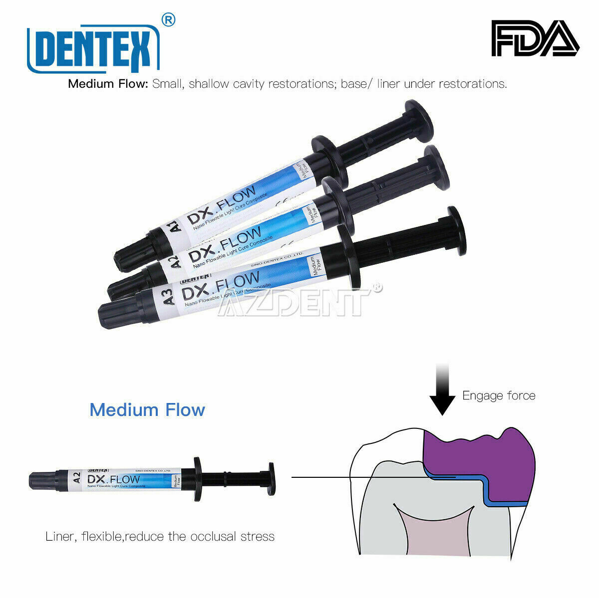 DENTEX Dental Flowable Light Cure Composite Resin Medium Flow A2 Shade +5pcs tip