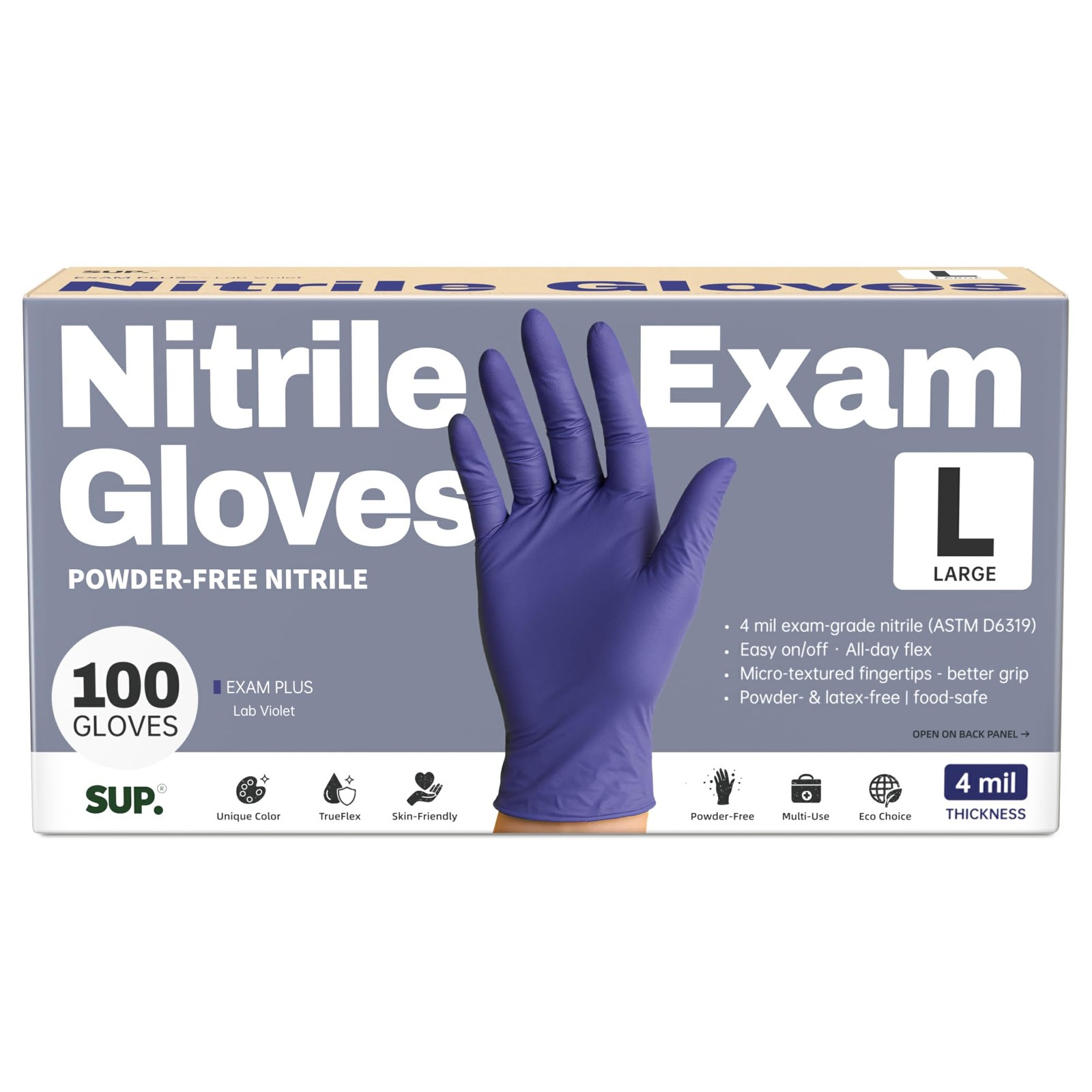 SUP Powder-Free Nitrile Exam Gloves, 100 Large, 100 Large (Blue Violet)