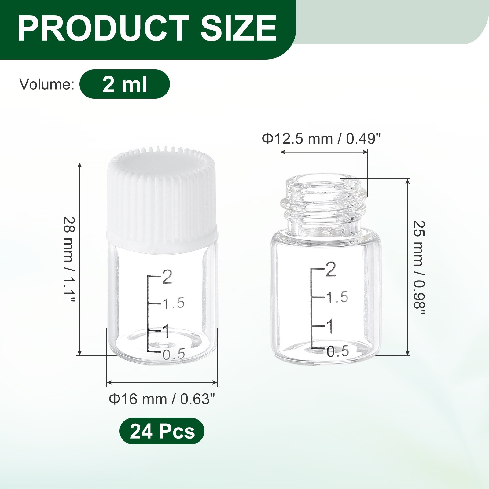24 Pcs Clear Glass Graduated Vials, 2ml Small Liquid Sample Vial, White