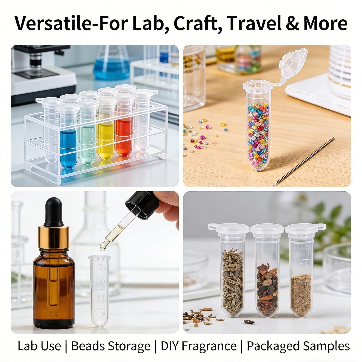 100pcs 2ml Shatterproof Plastic Vials with Leak-Proof Caps for Sample Storage