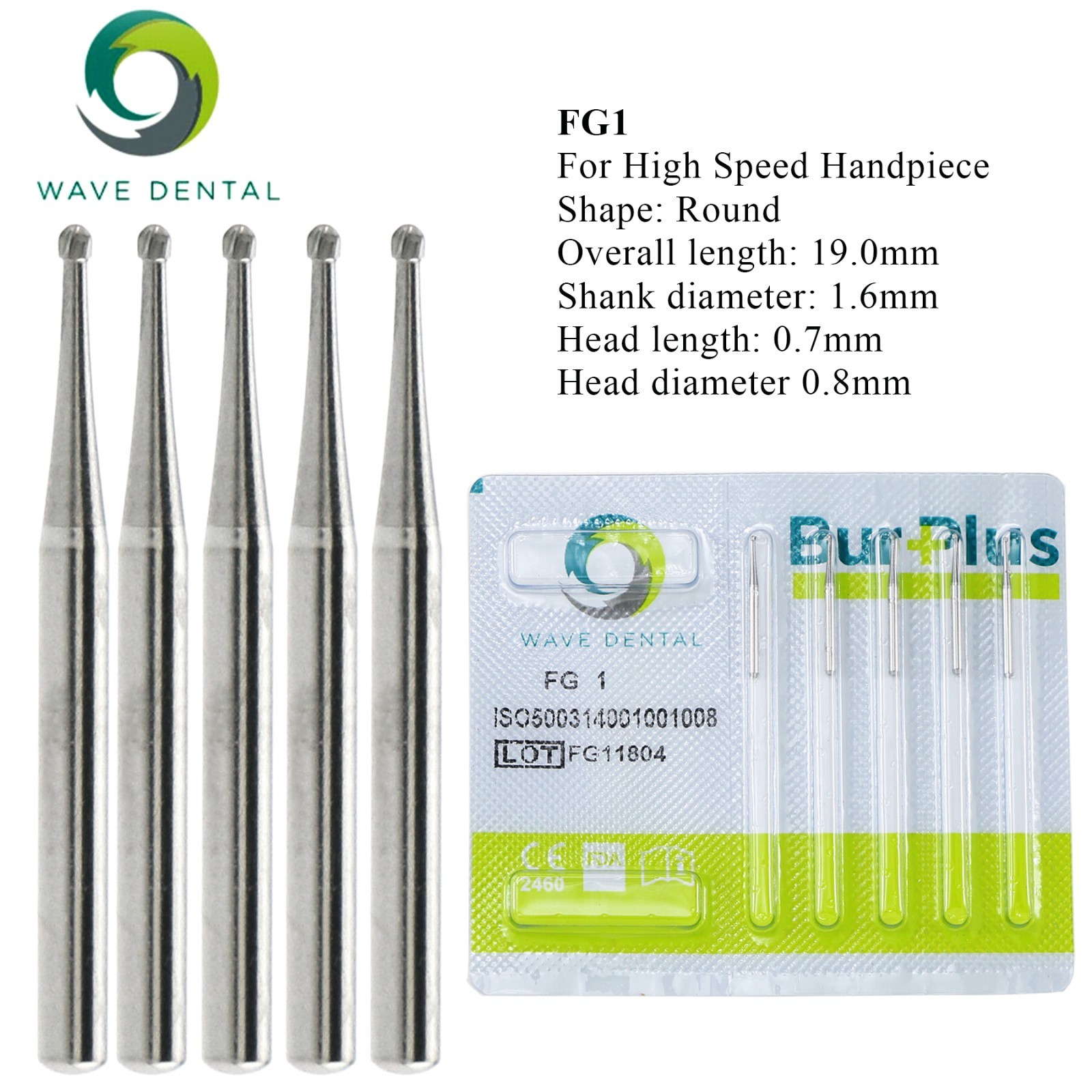 US WAVE Dental Bur Round Carbide FG 1 2 4 5 8 Friction Grip For High Speed 19mm