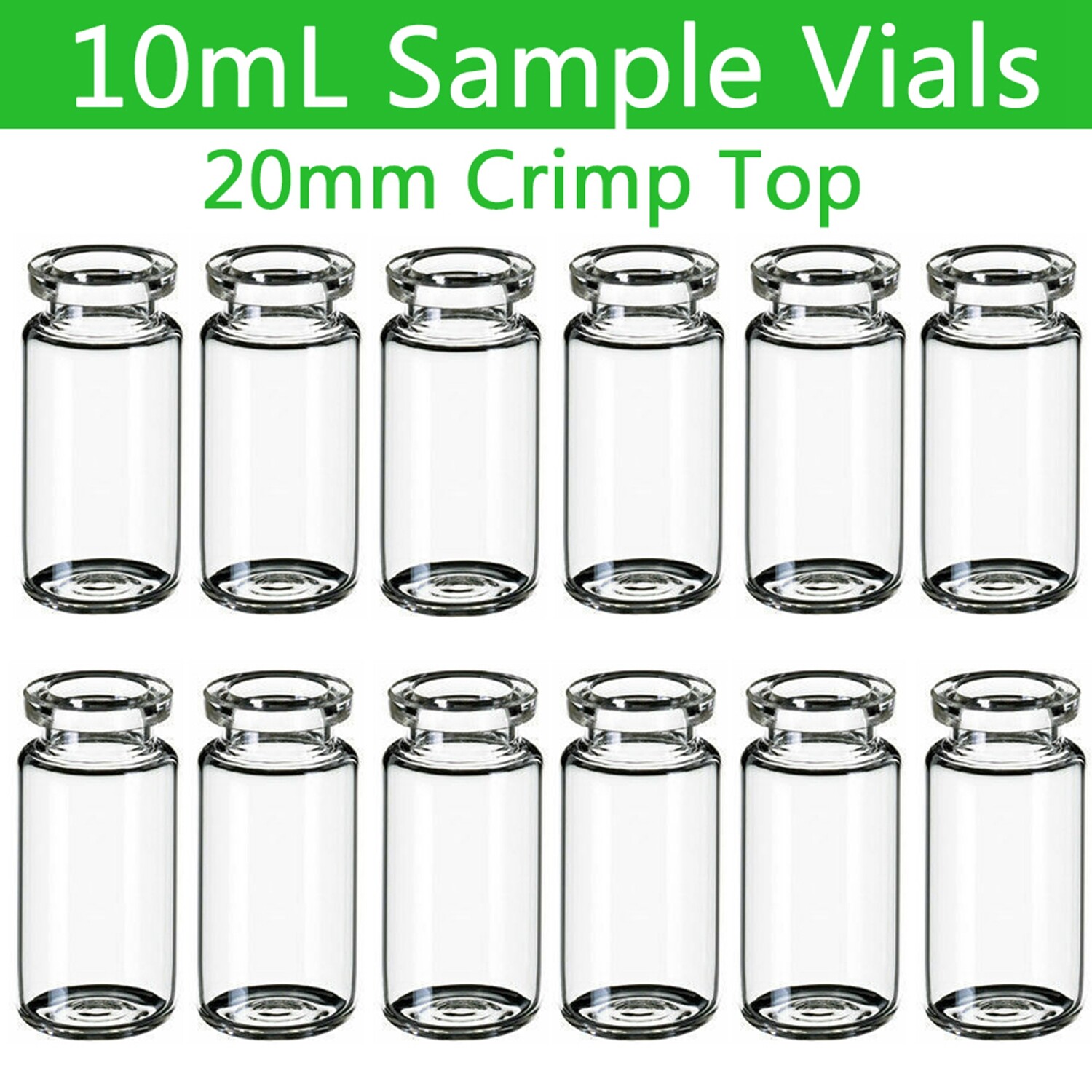 1000x Lab 10mL Round/Flat Clear Sample Vials 20mm Crimp Top Bottles Beveled Edge