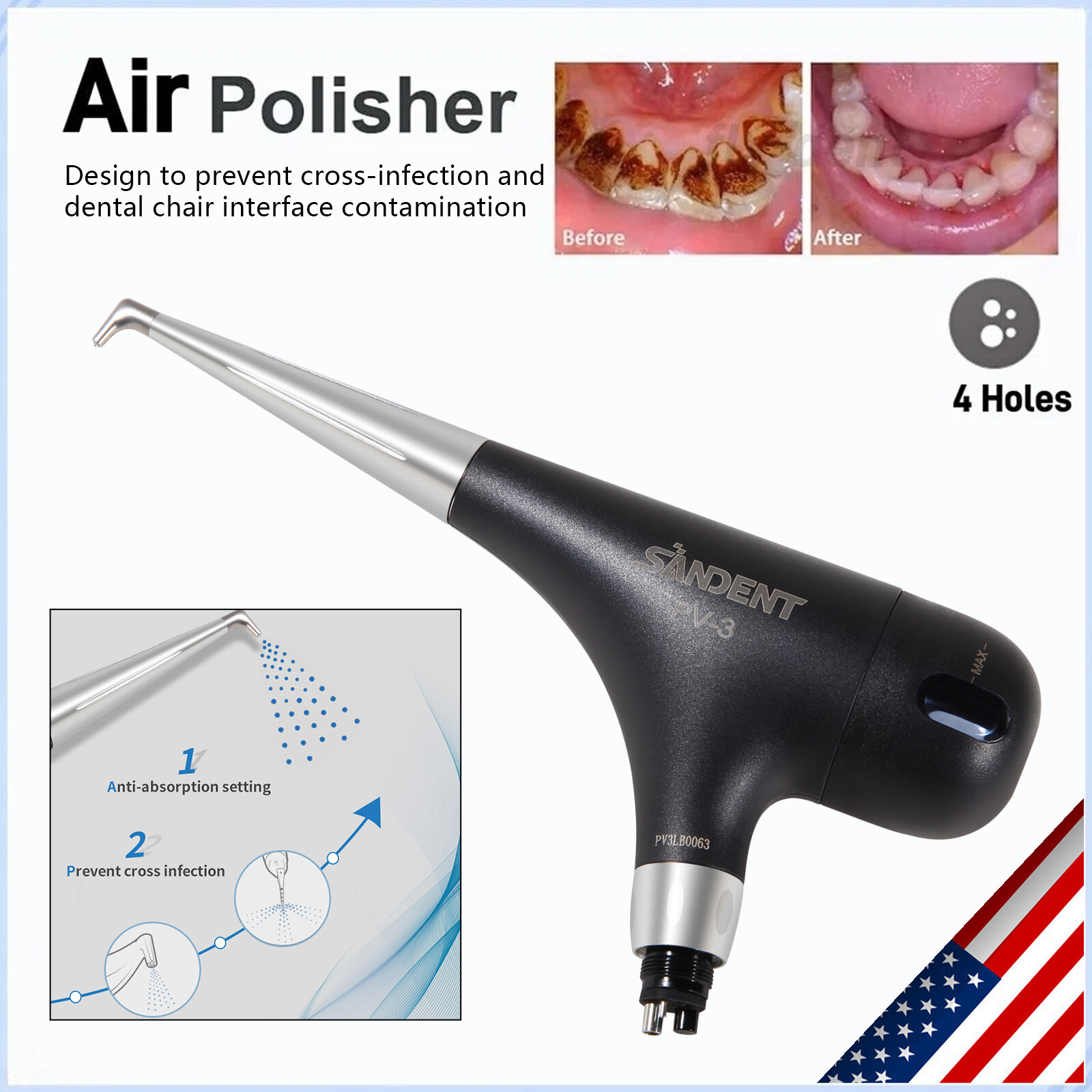 2pcs Dental 4Hole Air Prophy Flow Teeth Polishing Polisher Handpiece Hygiene PV3