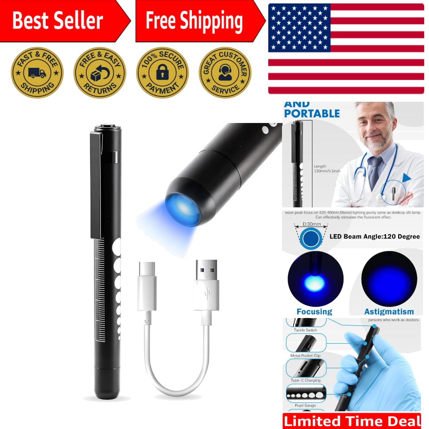 Durable Copper LED Penlight with Clip for Doctors and Nurses – Professional Tool