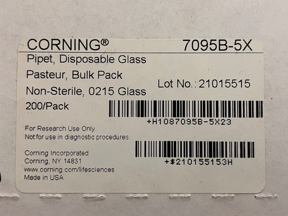 Corning Glass Pasteur Pipet, 5.75″, non sterile 7095B-5X (box of 200) NEW NOS