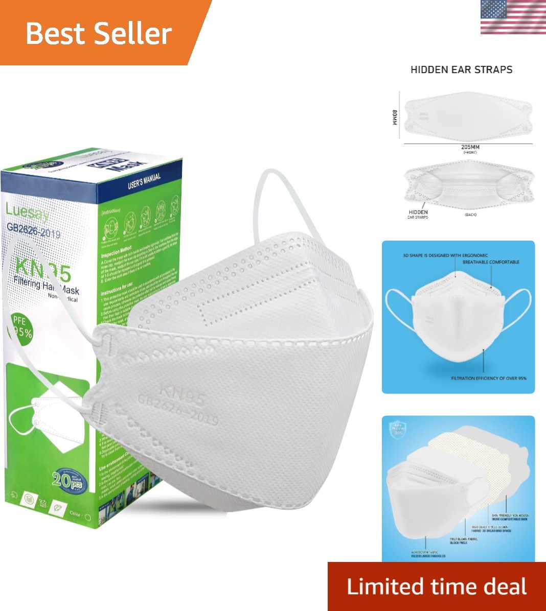 Disposable KN95 Face Masks – 20 Pack with Adjustable Nose Clip for Comfort