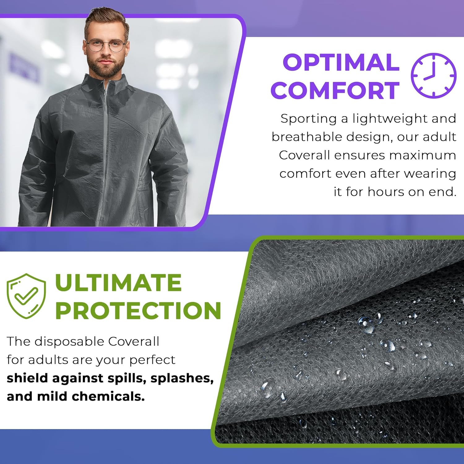 Disposable Polypropylene Coveralls, 2X-Large, Gray, 5 Pack, 50 GSM Nonwoven Pain