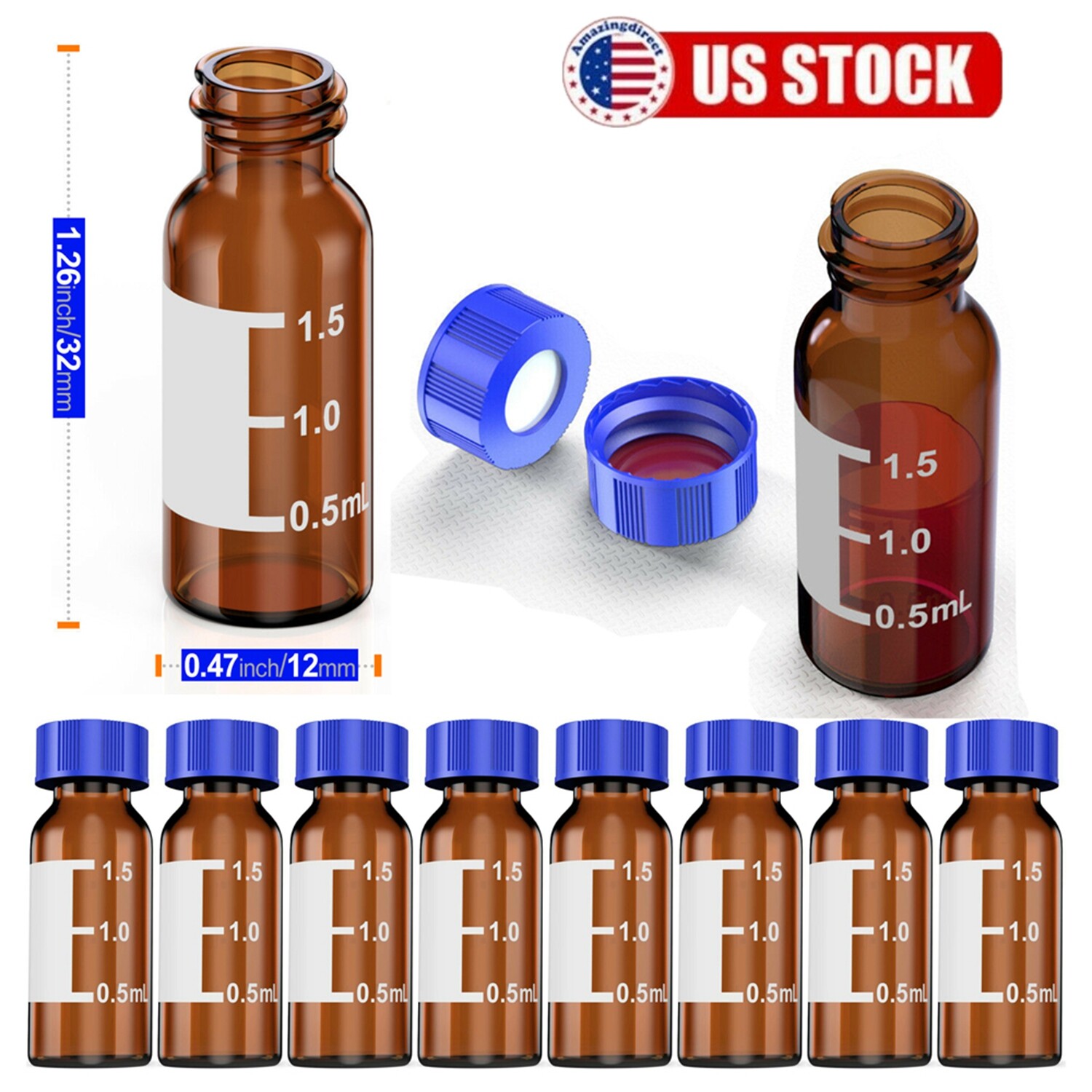5000x Amber 2mL Autosampler HPLC Vials 9-425 Screw Cap Sample Storage Graduation