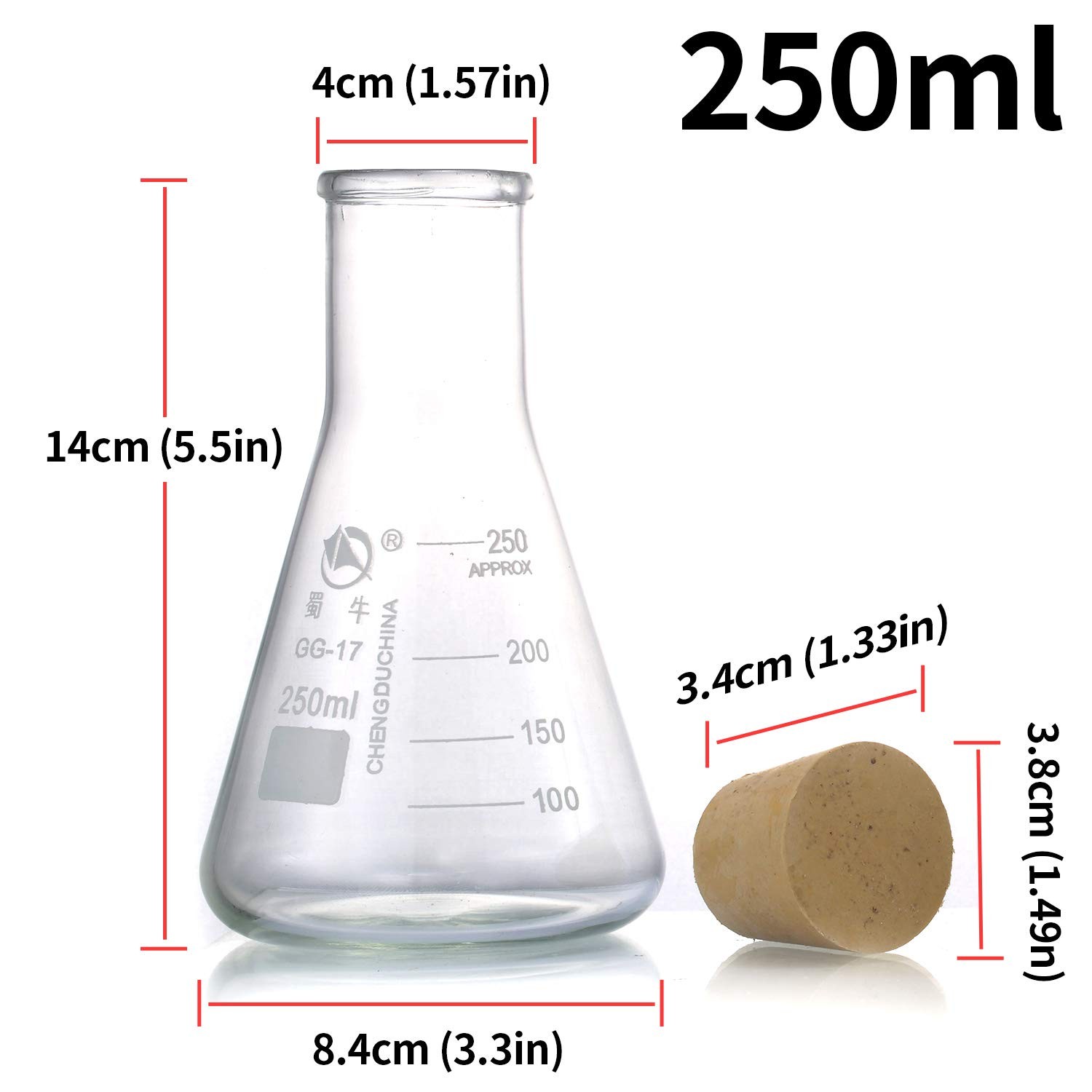 Erlenmeyer Flask Set: 250ml, 150ml, 50ml Borosilicate Glass with Stoppers & S…