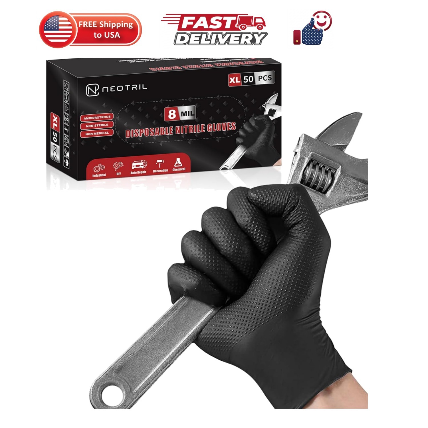 8 Mil Heavy Duty Disposable Nitrile Gloves with Diamond Texture Grip Rubber G…
