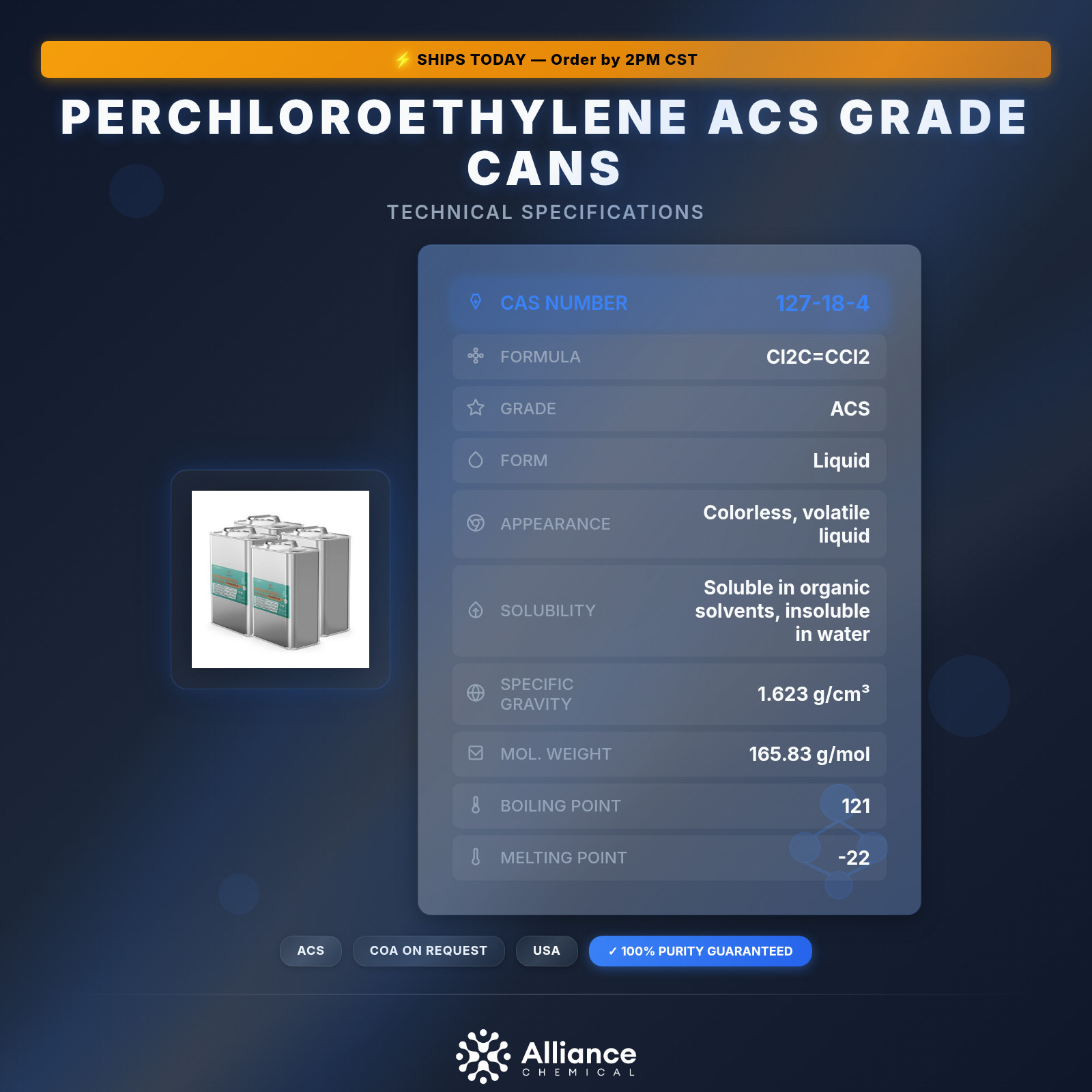 Perchloroethylene ACS Grade – 4 Quart Cans