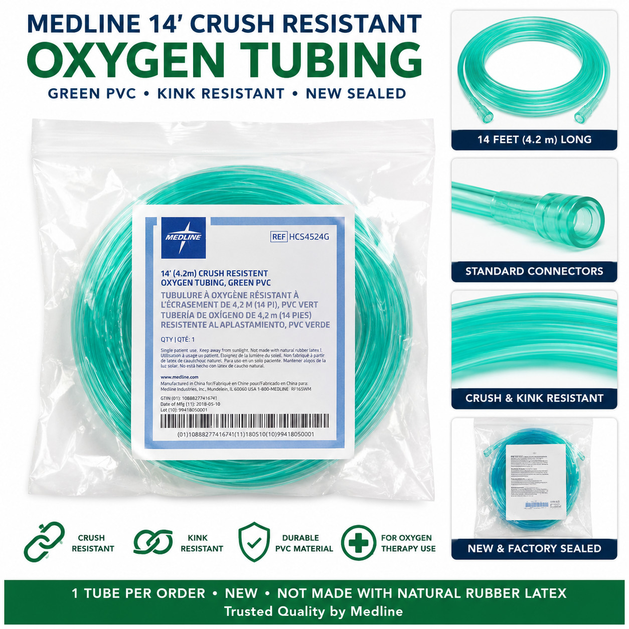 5 Pack Medline 14 FT Oxygen Tubing Crush Resistant Green PVC HCS4524G New