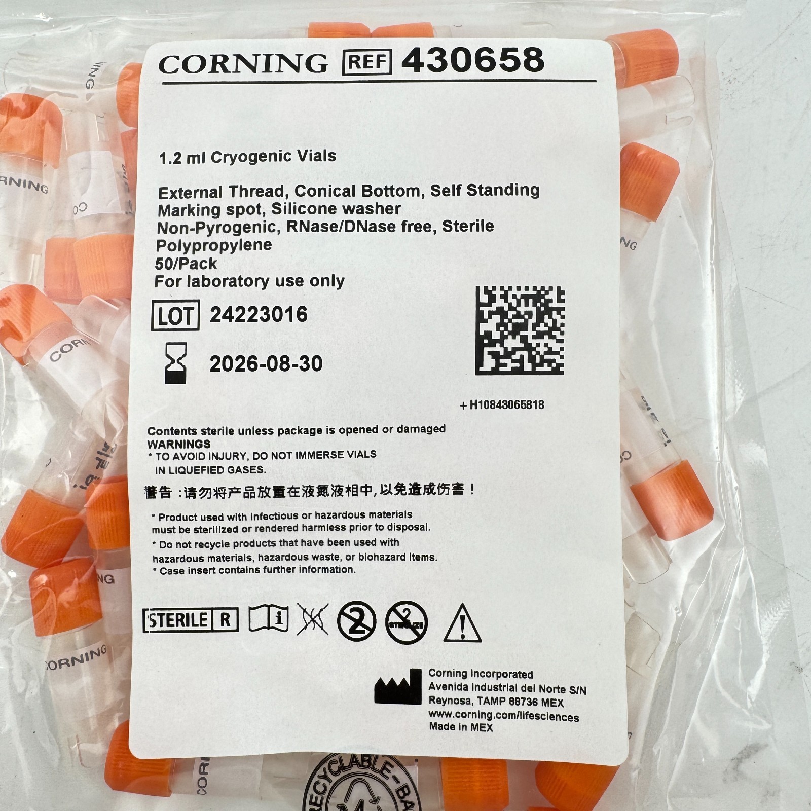 Corning 430658 1.2 ML Cryogenic Vials External Thread Conical Bottom 50 PACK