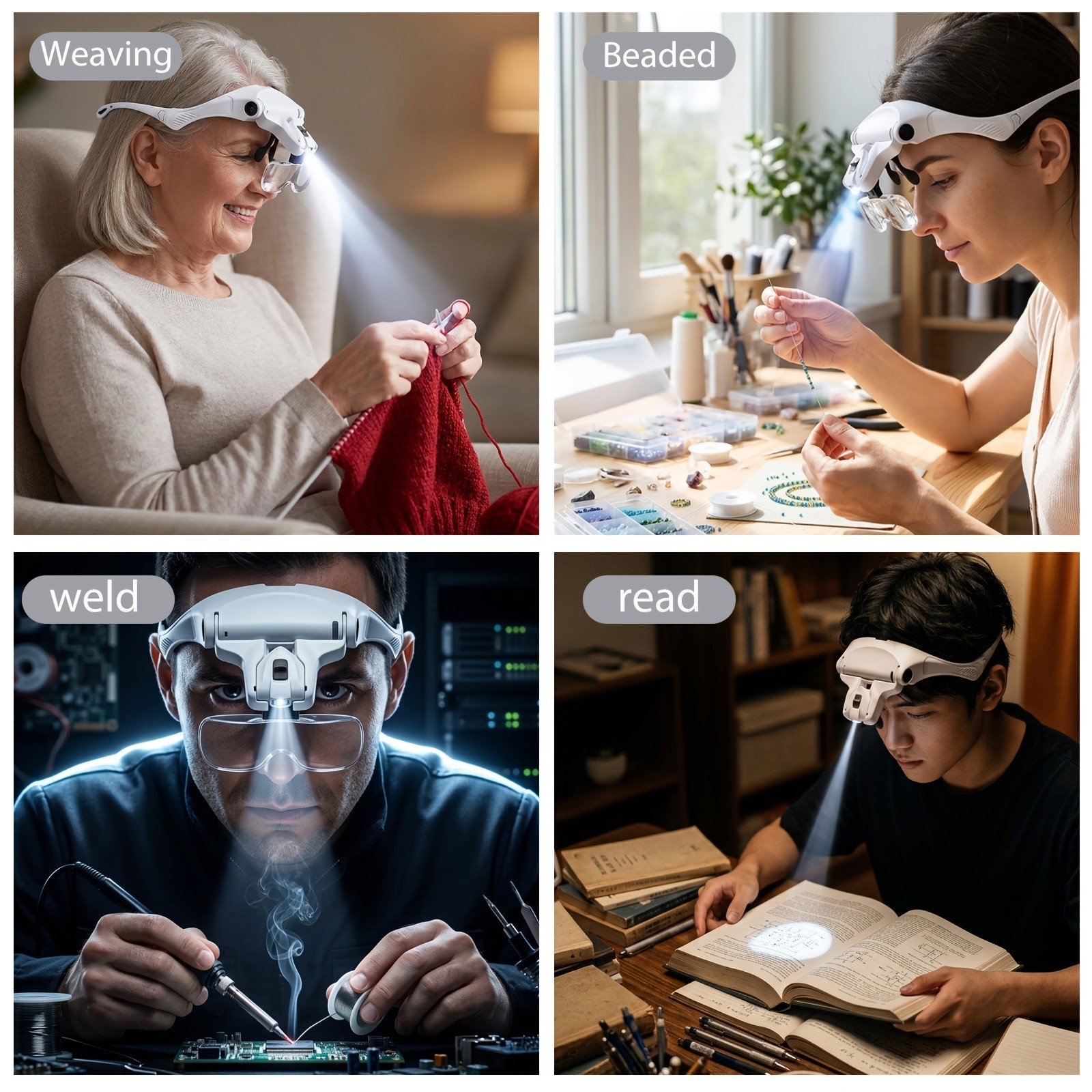 Head-Mounted Magnifier – LED Lighting, Adjustable Headband, Battery Powered,