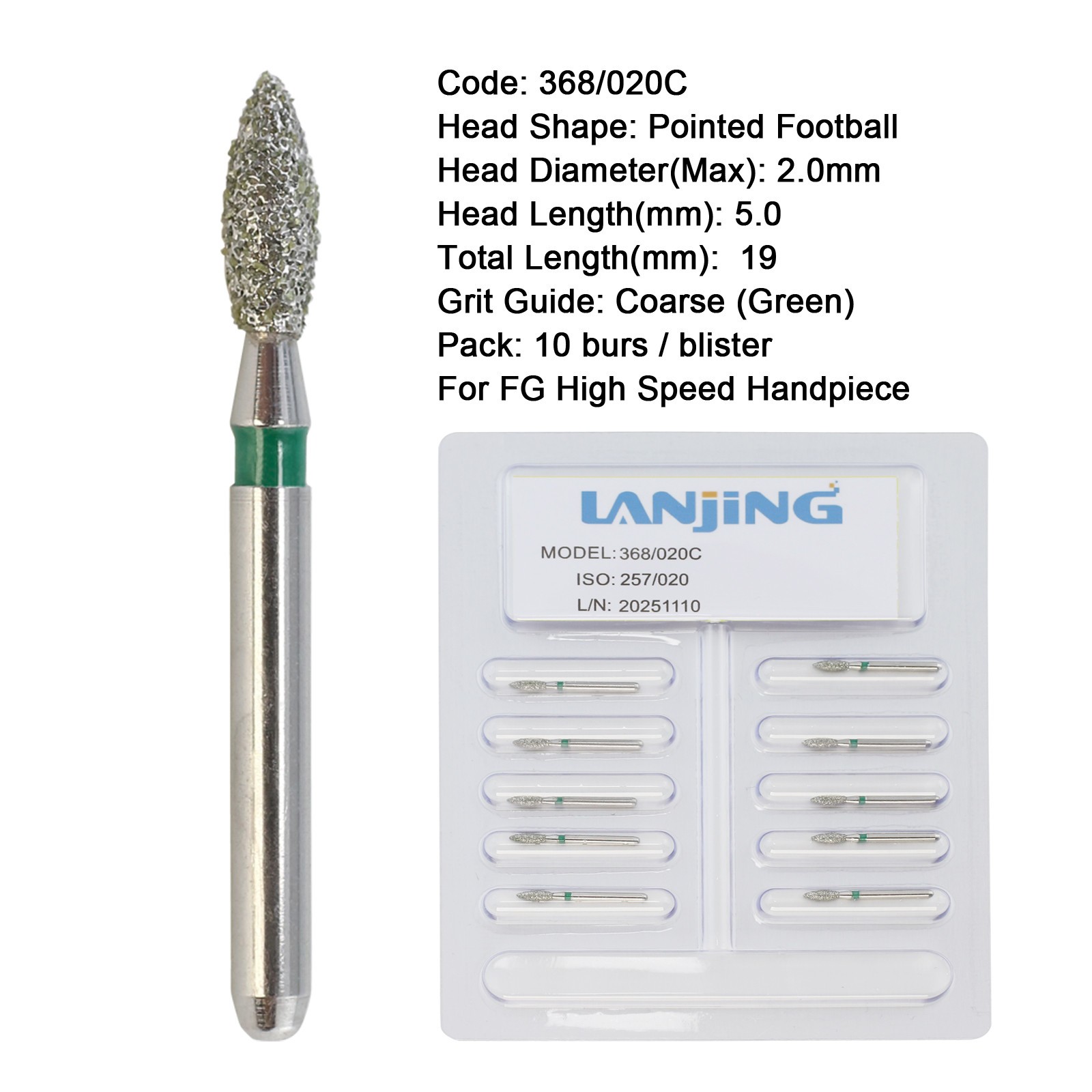 Dental Diamond Burs Football Egg Round Ball Taper Flame Burr FG High Speed Bur