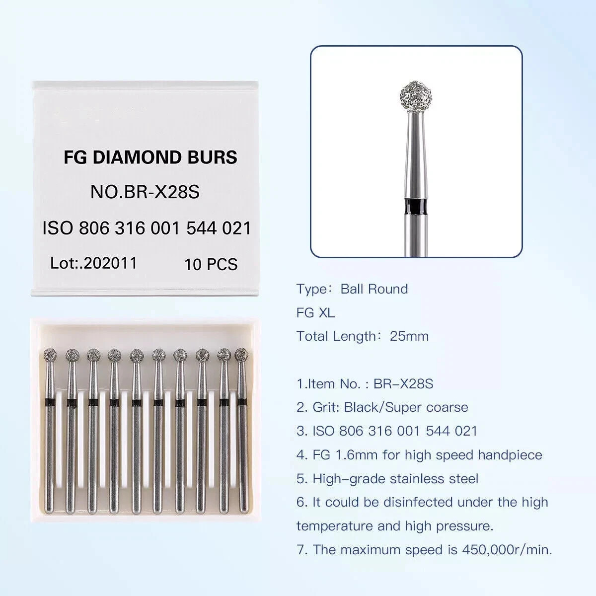 10 Pcs/Box Dental Surgical Diamond FG 1.6mm Burs Ball Round High Speed Handpiece