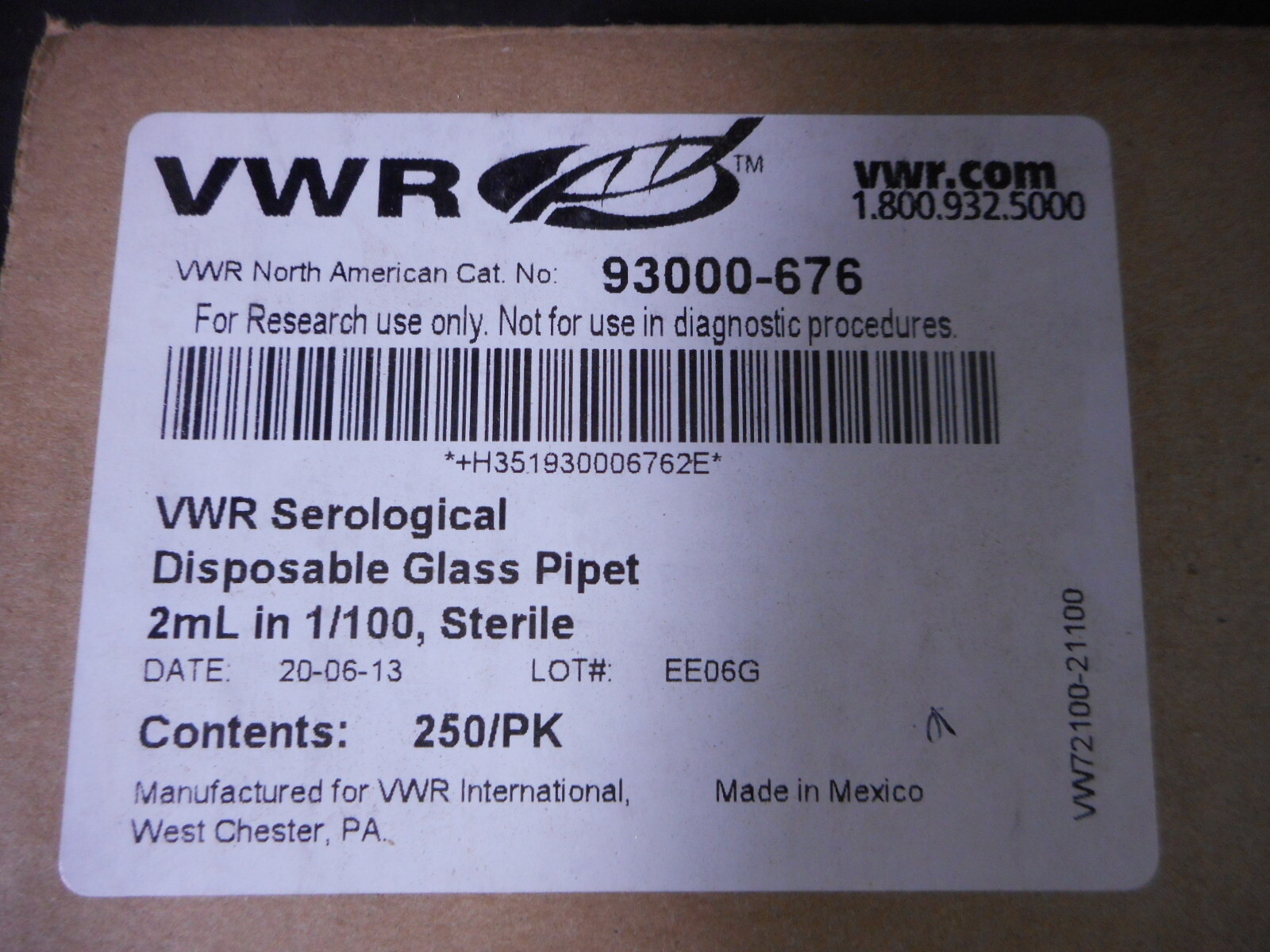 VWR 2mL Glass Disposable Graduated Serological Pipet Plugged 93000-676 (225/cs)