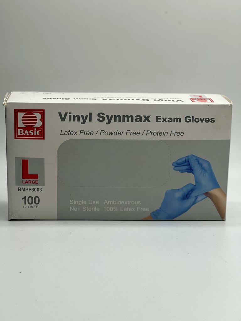VINYL SYNMAX Disposable Gloves, 100% Powder & Latex Free – LARGE – 100ct