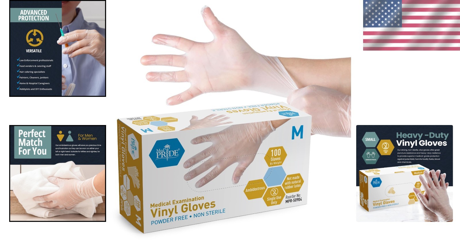 Ambidextrous Vinyl Gloves Medium, 100 Count – Food Grade, Disposable Protection