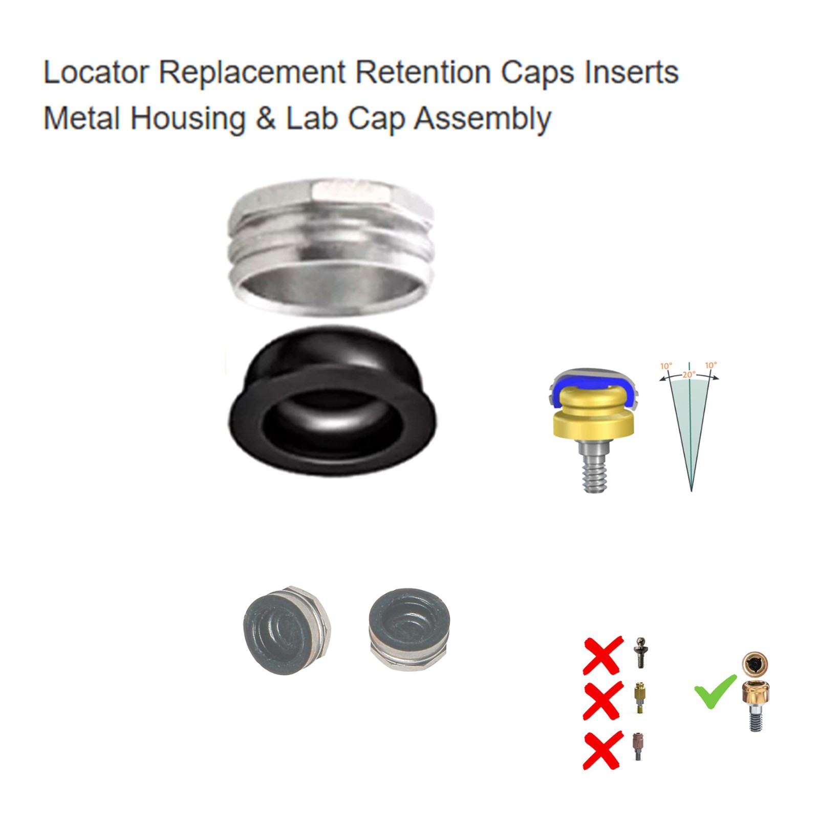 US Dental overdenture Locator Metal Housing & Replace Lab Cap Inserts Assembly