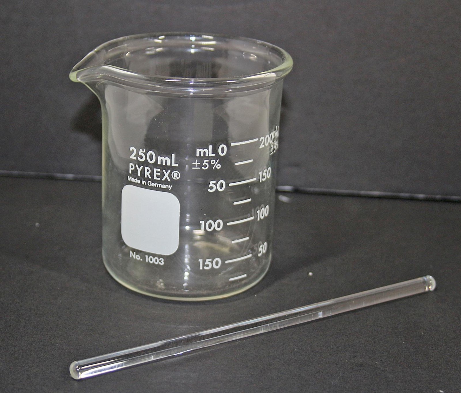 Beaker Pyrex 1003 250 ml Germany with Glass Stirrer Made in Germany