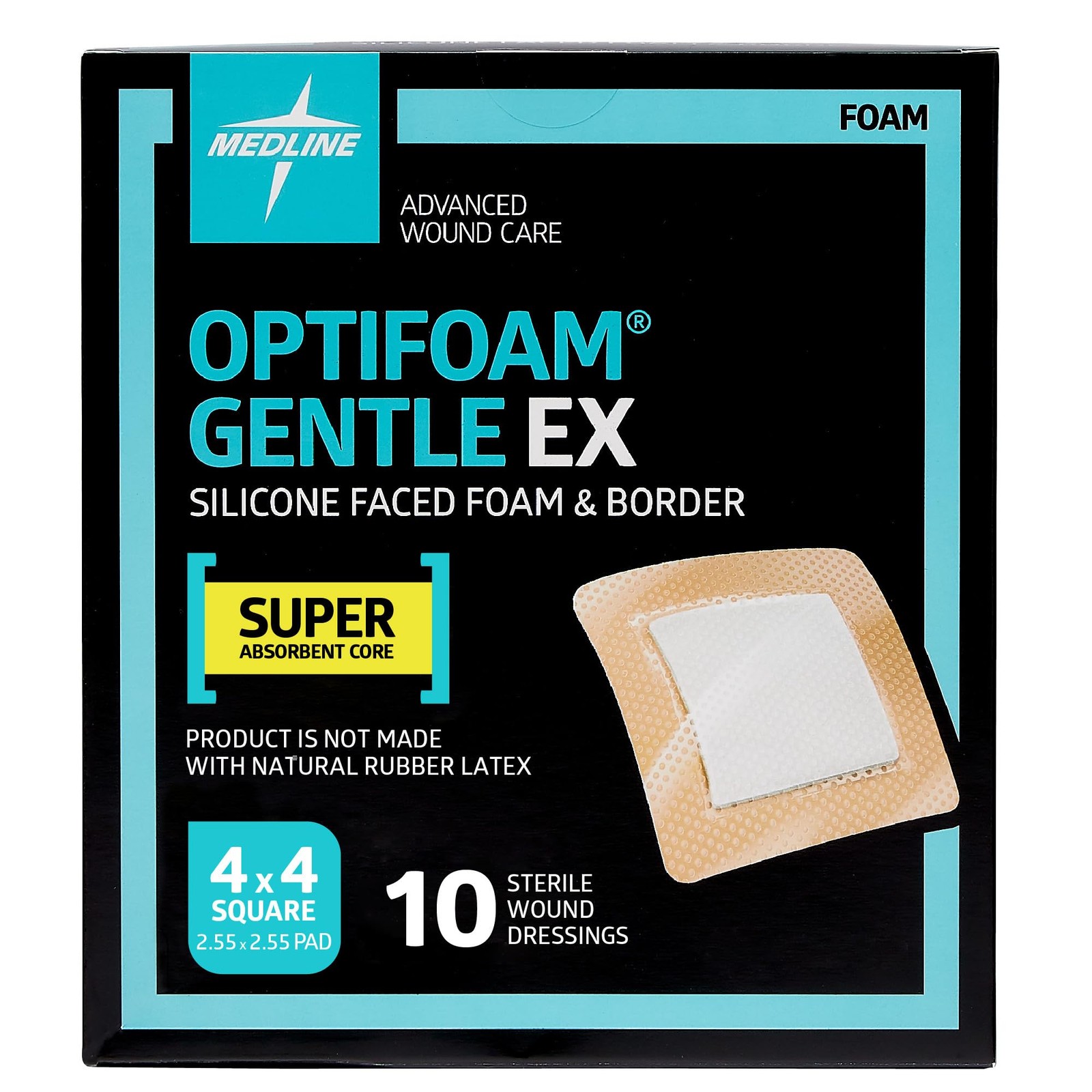 Optifoam Gentle EX Silicone-Faced Bordered Foam Dressing, 4″ x X 4″, White