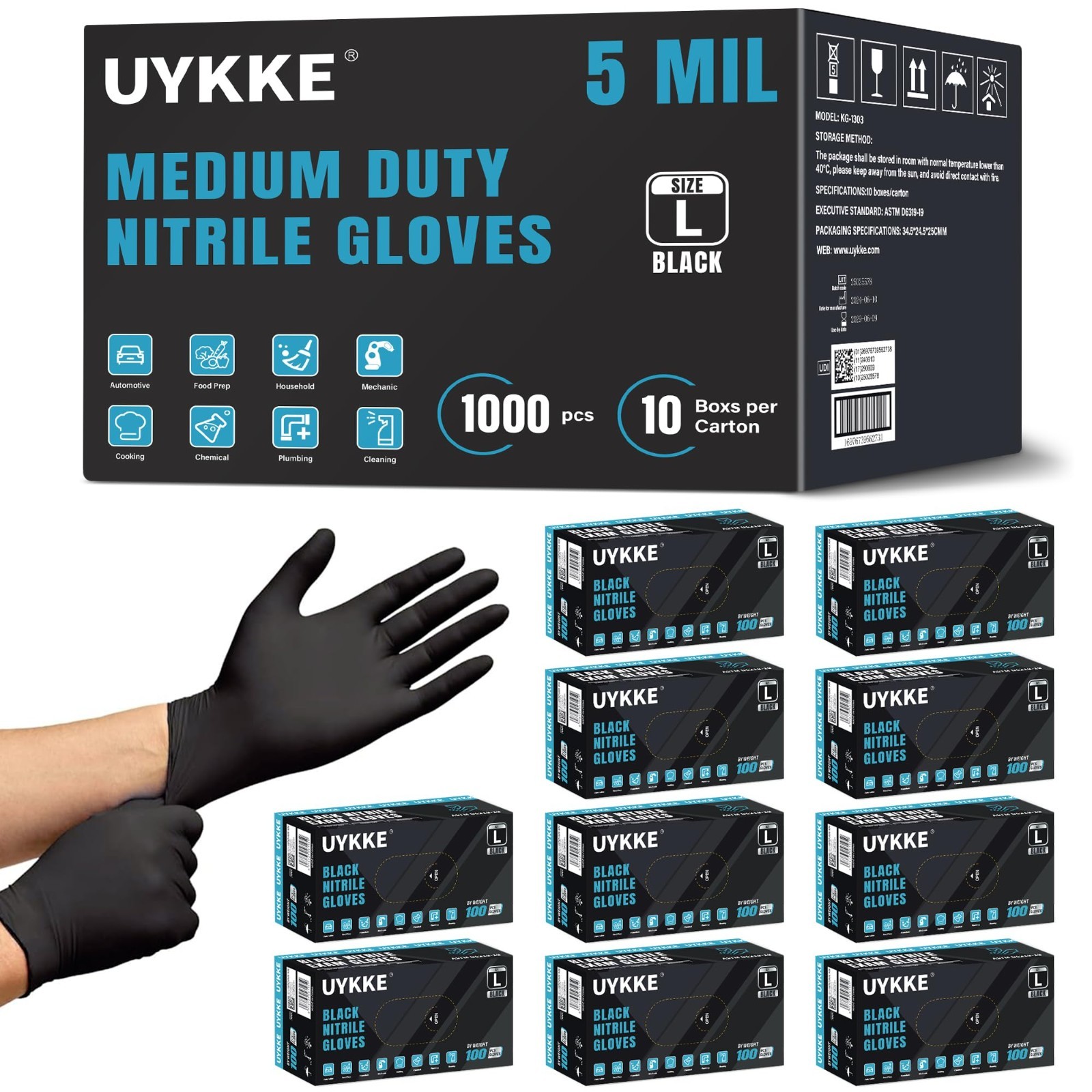 1000PCs Disposable Nitrile Black Gloves – Latex Free, Heavy Duty for Mechanics,
