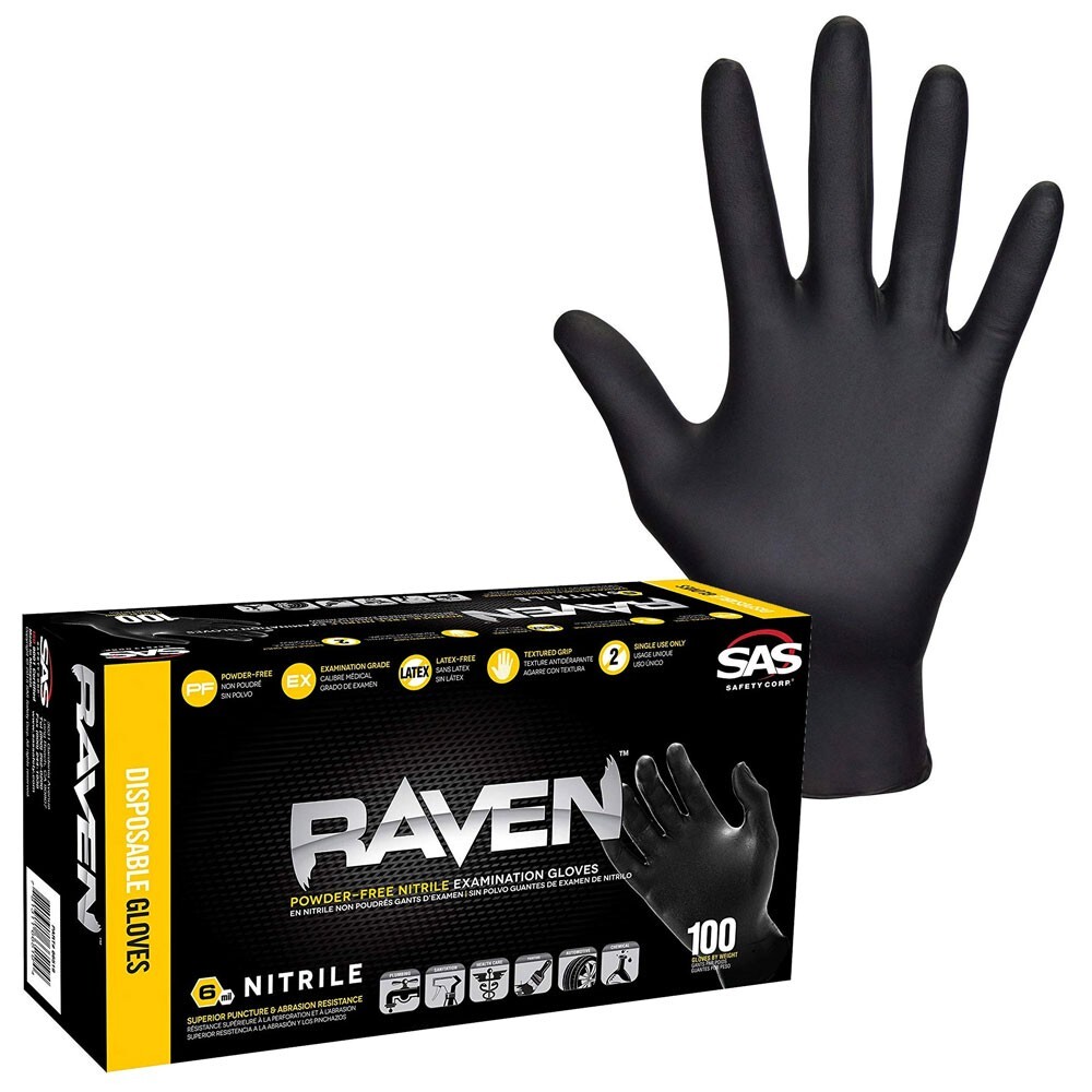 SAS Safety Raven Nitrile Gloves, 7 mil, size XL, box of 100