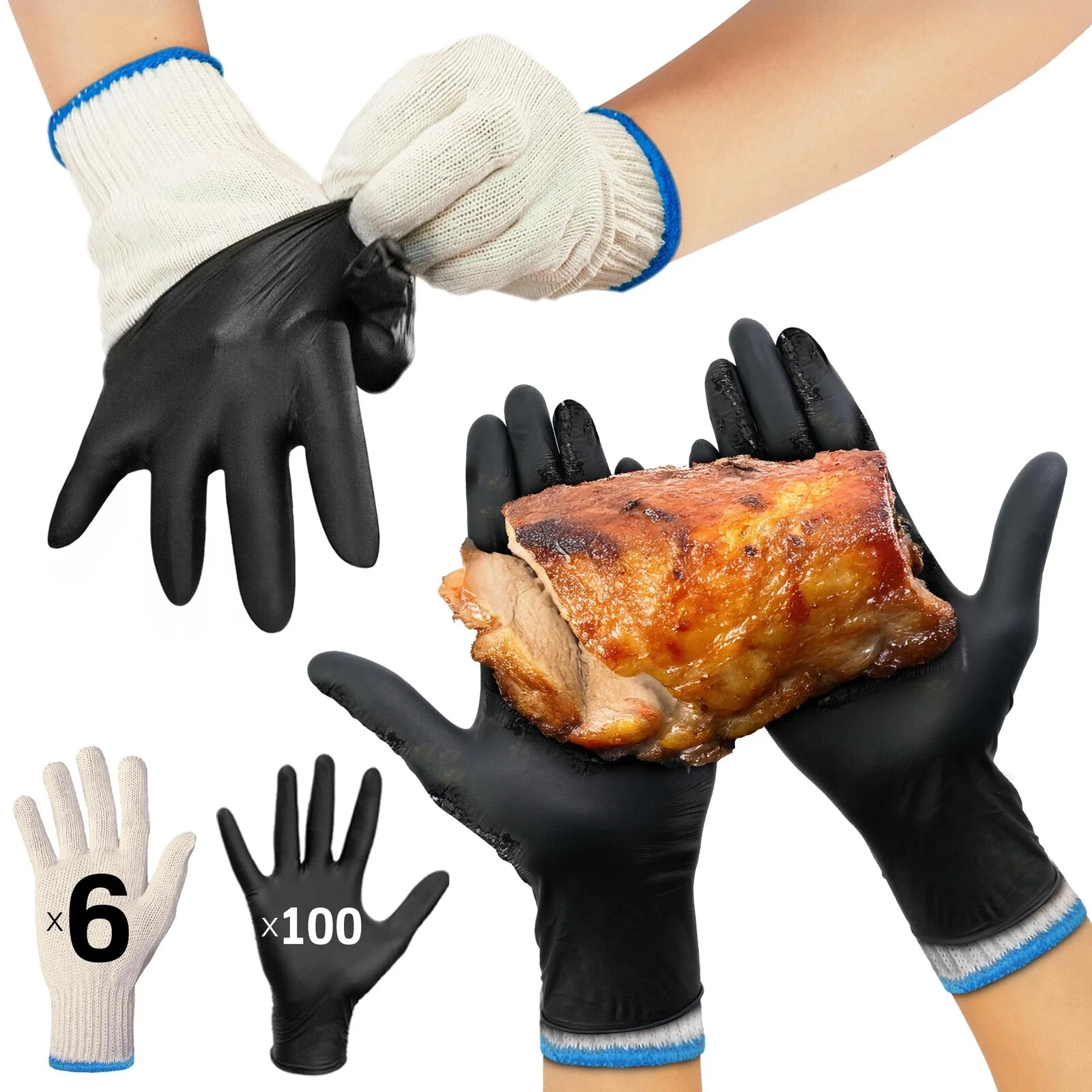 Bbq Gloves Heat Resistant Cooking Gloves 6 Cotton Liners +100 Disposable Nitrile