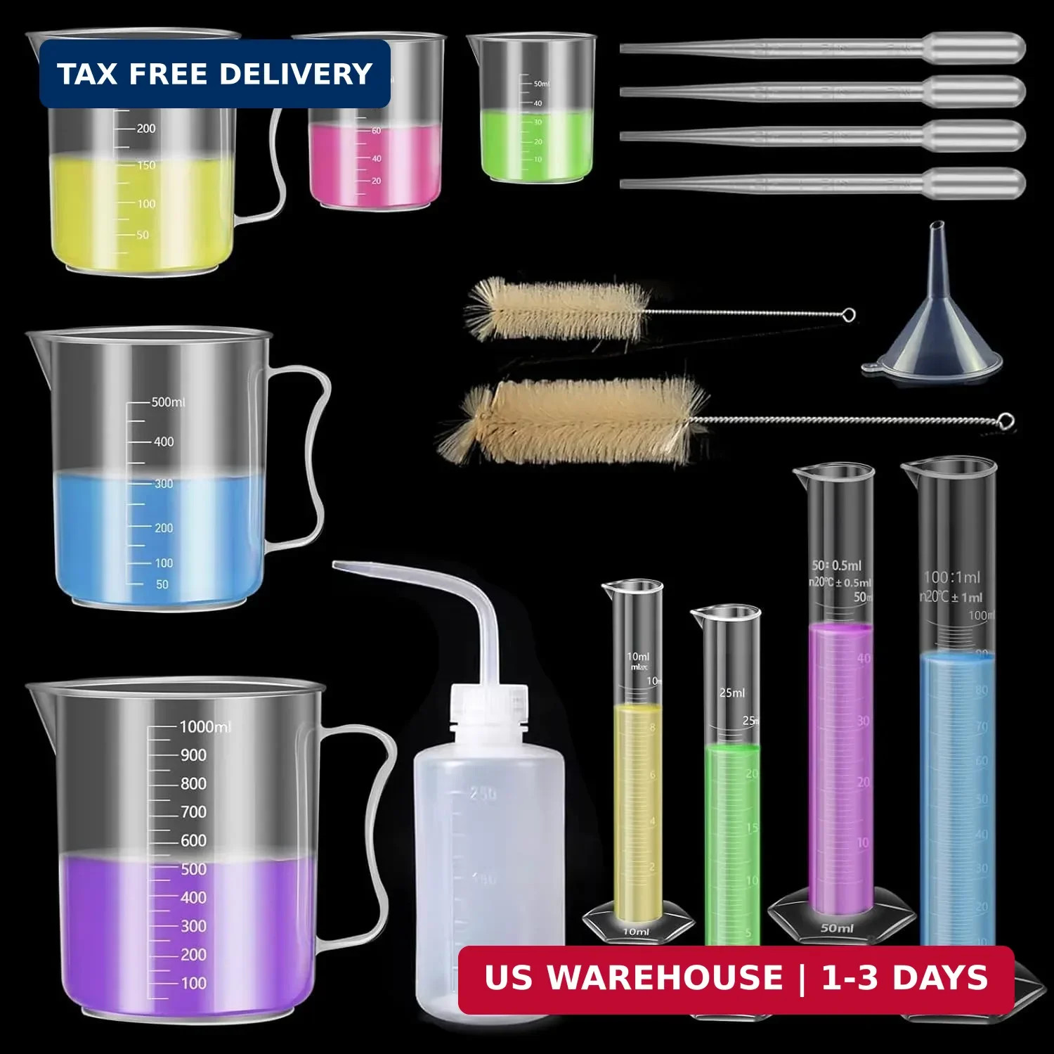 Plastic Graduated Cylinder and Beaker Set, 10ml 25ml 50ml 100ml Graduated Cylind