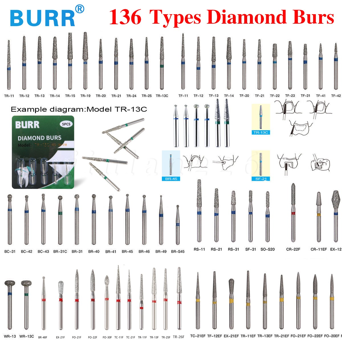 100* Dentist Diamond Burs Bur Bits Drill FG 1.6mm 102 Types High Speed