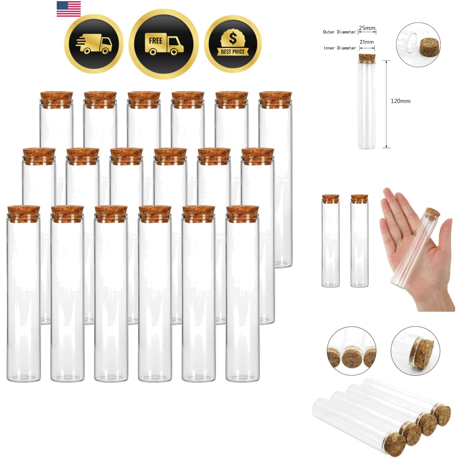 18pcs Glass Tube, 25×120mm Clear Flat Tubes with Cork Stoppers for Plants P…