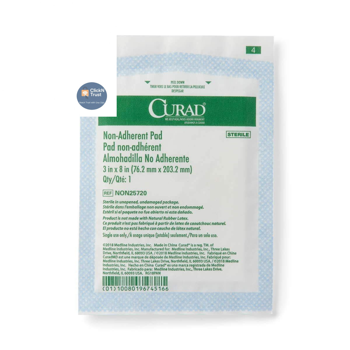 CURAD Sterile Non-Adherent Pad, 3×8 (Pack of 50) 3″ x 8″, White
