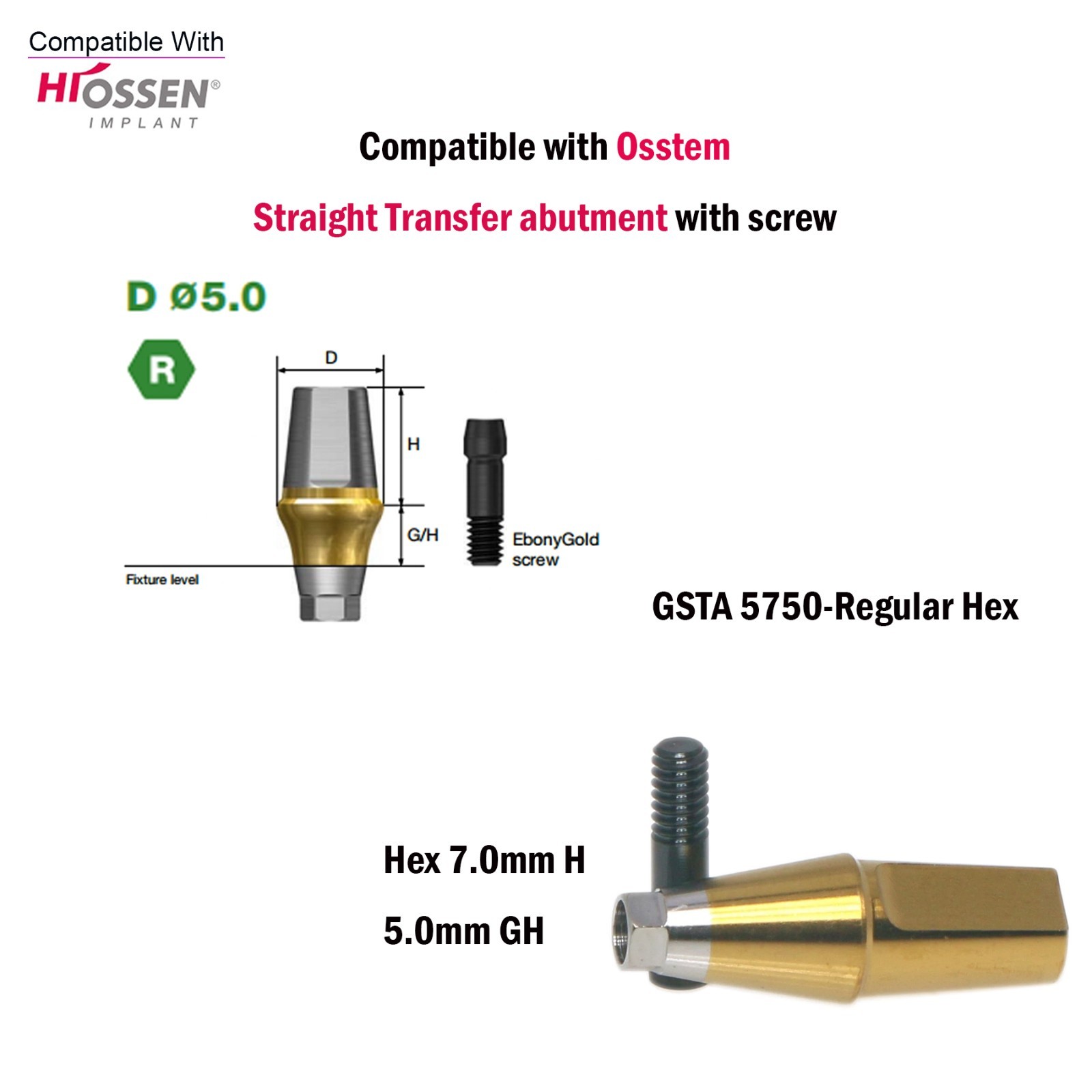 US Regular Straight Transfer Abutment Ø5.0 For Osstem Hiossen Hex 7.0mm Implants