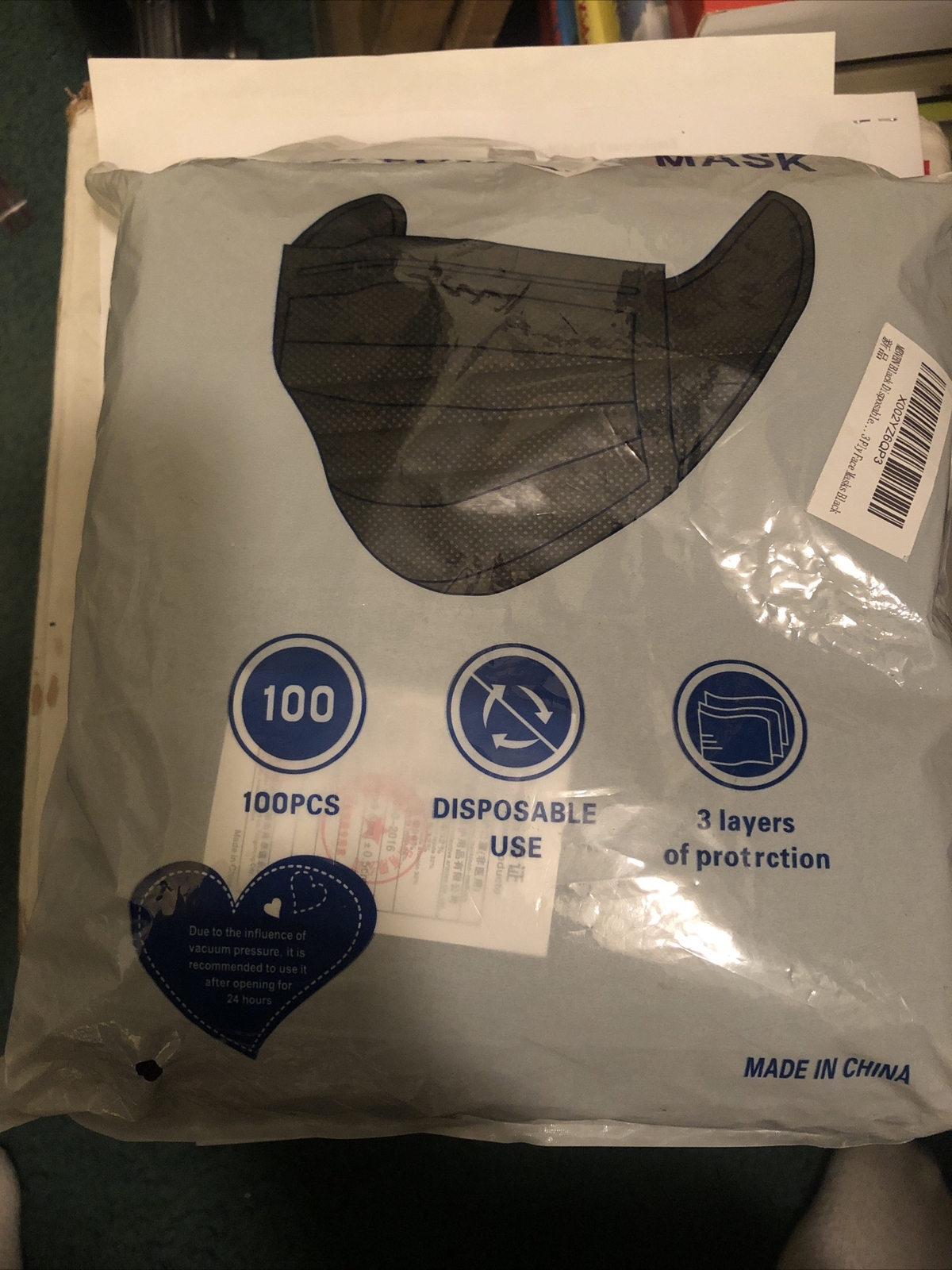 100 PCS Disposable Face Mask Non Medical Surgical 3 Ply Ear loop Black Masks USA
