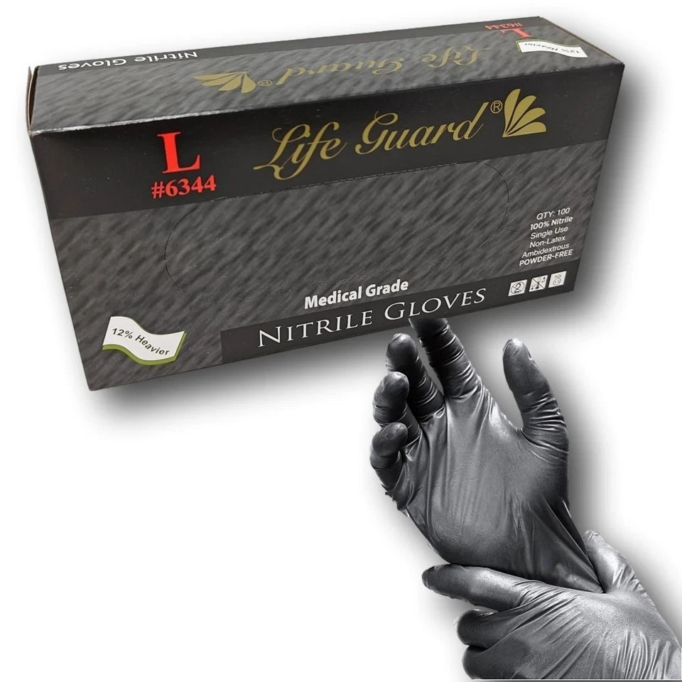 LARGE 6 mil Thick Black Nitrile Exam Gloves, For Tattoo, Automotive, etc.