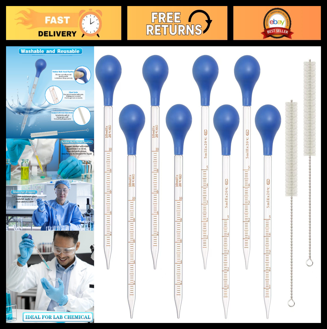 8 Pack Glass Pipette Droppers with Rubber Caps & Cleaning Brushes – 5ml & 10ml S
