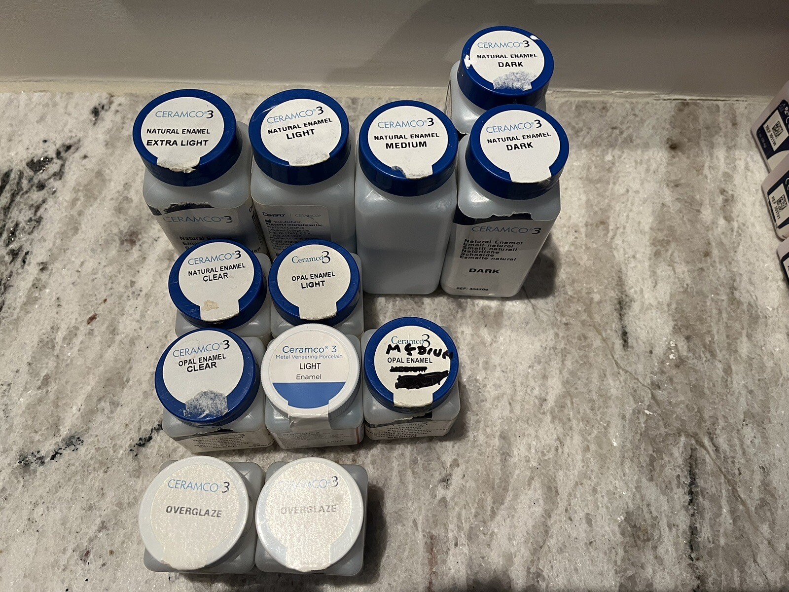 Ceramco 3 porcelain, dentin, enamel, modifiers, glaze 4 oz. & 1 oz. bottles