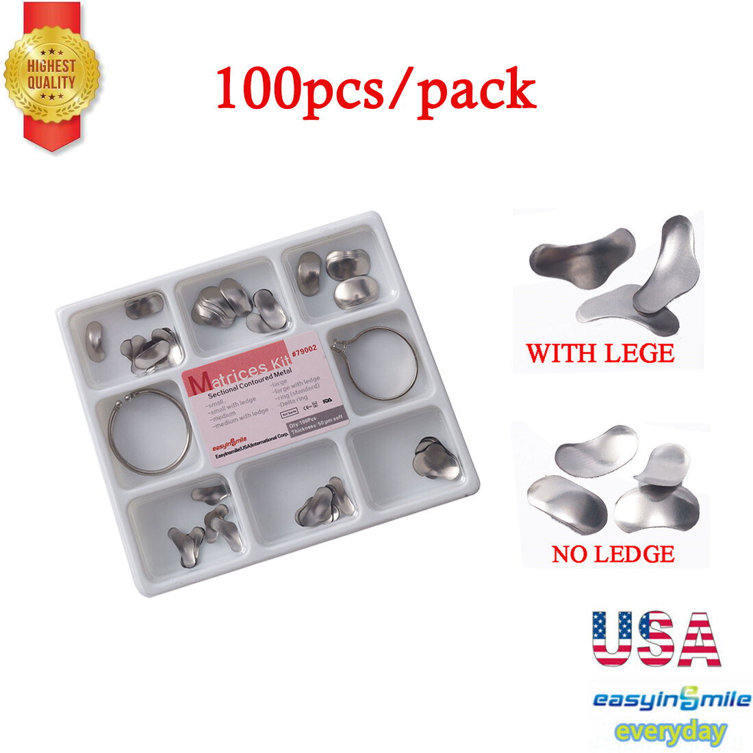 100Pcs Dental Sectional Contoured Metal Matrice Matrix 50μm Thickness+2Rings Kit