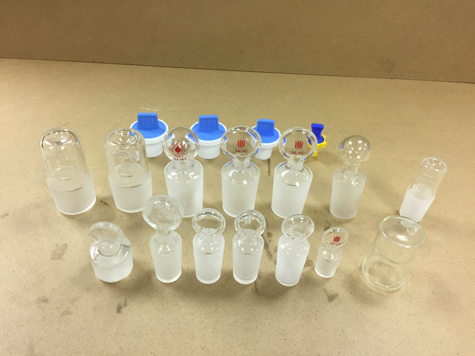 Assorted Lab Glass and PTFE Stoppers and Cap Lot of 18
