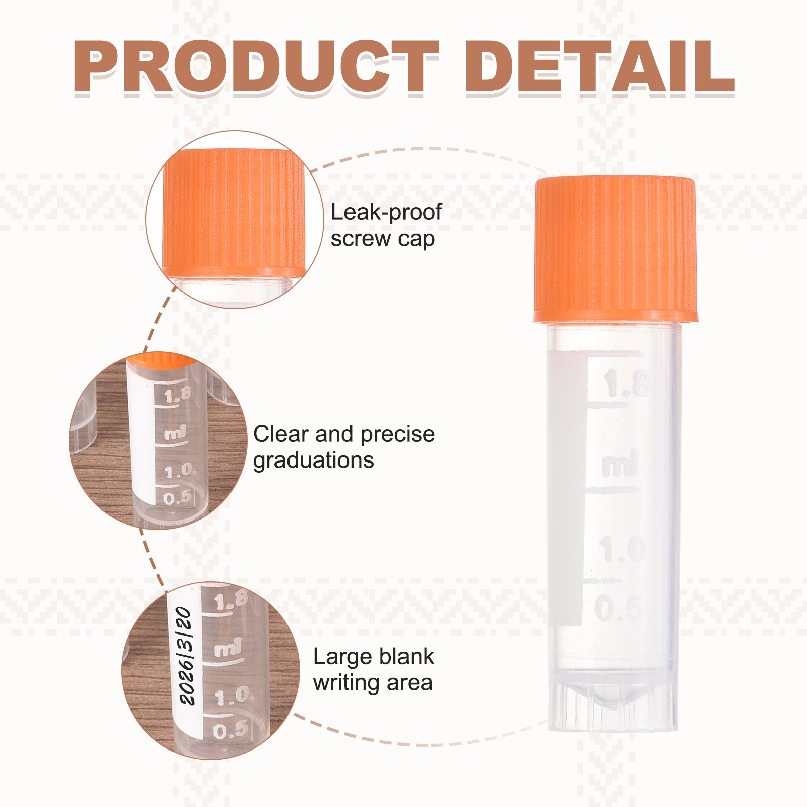 100 Pcs Plastic Vials, 2ml Cryogenic Vials Small Sample Test Tubes, Orange