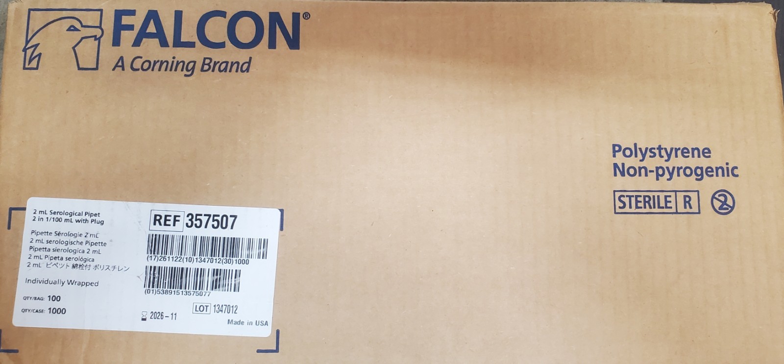 Corning Falcon REF 357507 Serological 2mL Pipet 2 in 1/100mL w/Plug 1000/Cs NEW